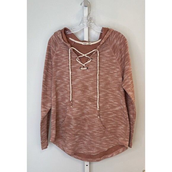 Inspired Hearts Women’s 1X Hoodie Top Pink Lace-Up Neck Waffle Knit Long Sleeve - Picture 1 of 10